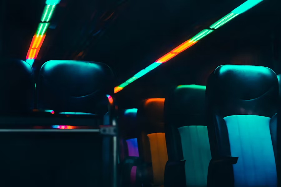 A party bus with lights.