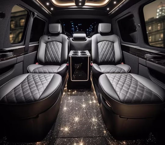 Luxury party bus interior with quilted leather seats and ambient lighting