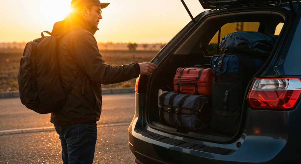 Man loading luggage into car trunk at sunset with a travel-ready vehicle