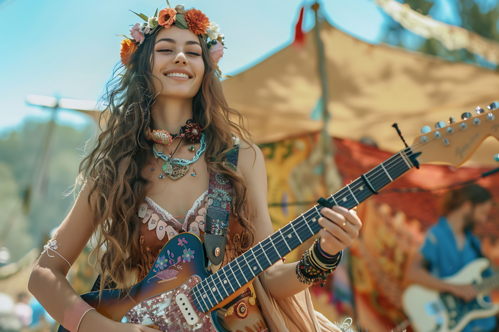 Woman performing on electric guitar during live music session or concert